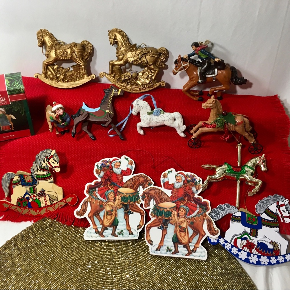 Vintage Lot of 14 Horse Christmas Ornaments Wood Resin Plastic Hallmark Carousel